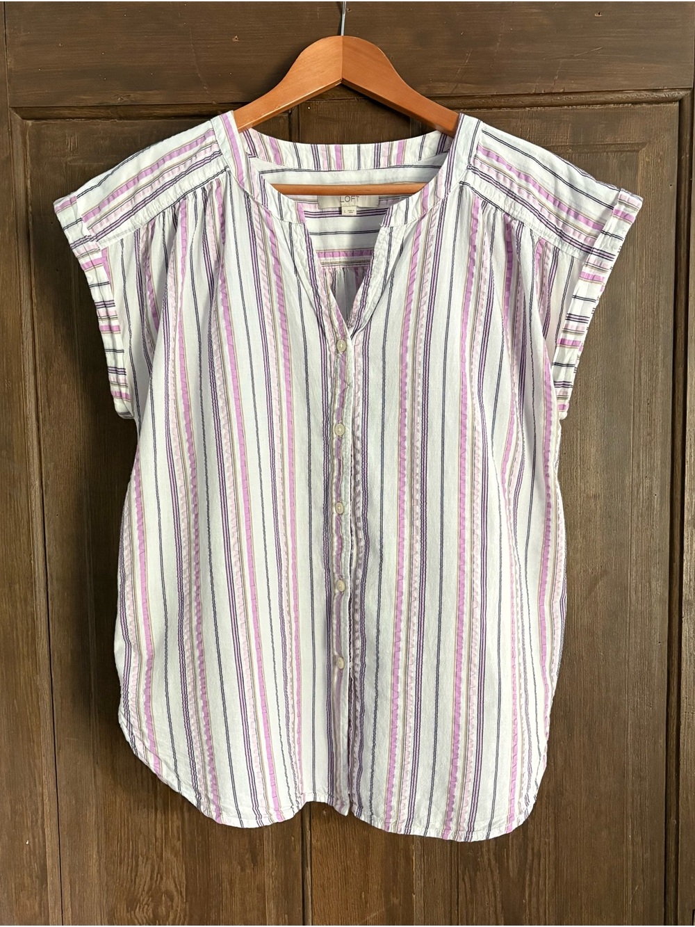 LOFT White and Lavender Striped Short-Sleeve Button Top